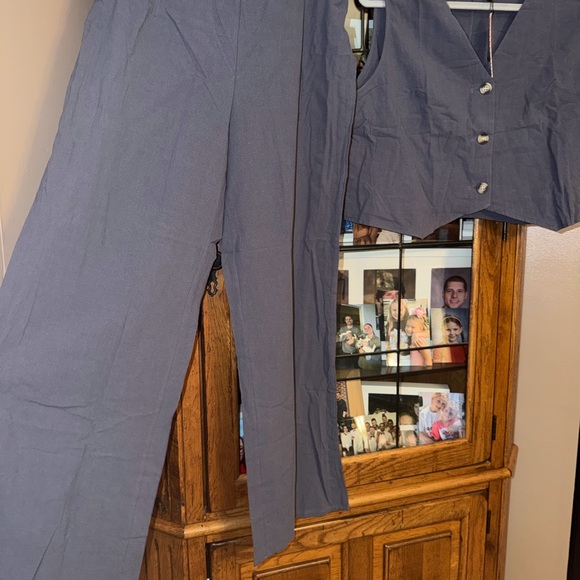 Essentials Slate Blue Two-Piece Pantsuit with Buttoned Vest - Picture 12 of 14